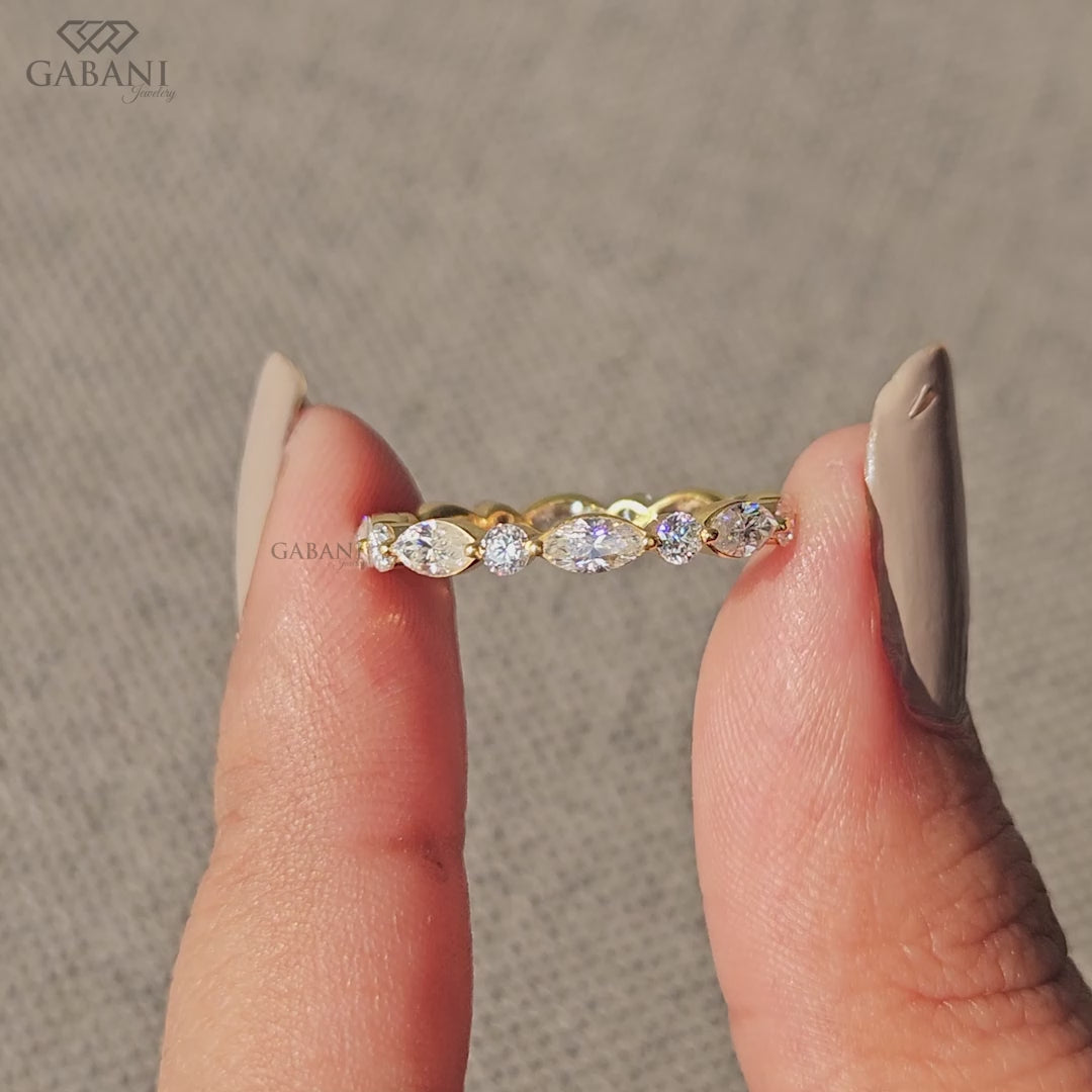 marquise and round lab grown diamond eternity wedding band in gold