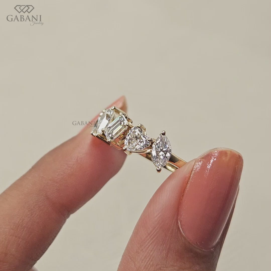 Gabani Jewelry multi stone lab grown diamond ring with a solid yellow gold band designed for stacking, weddings, anniversaries, and everyday wear.