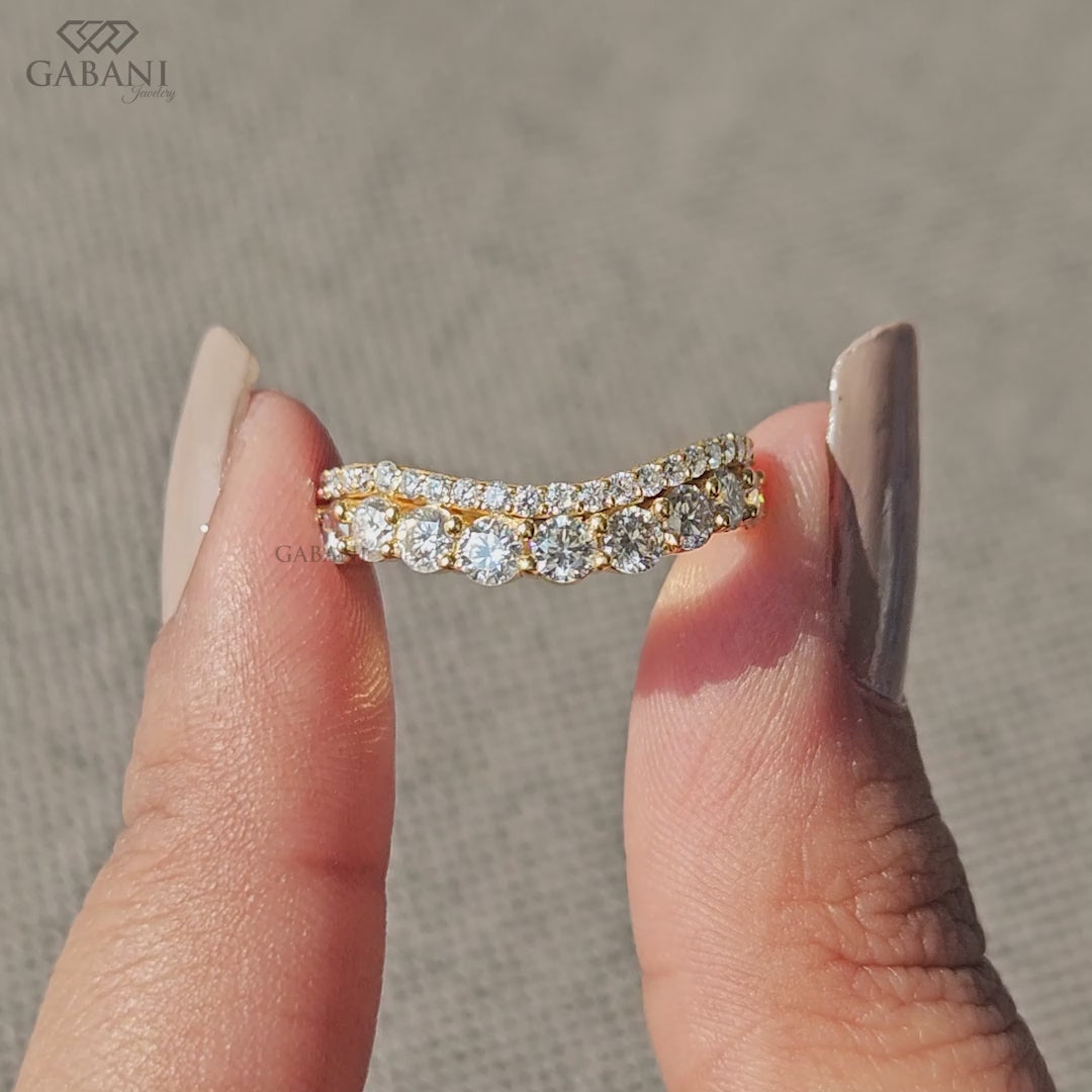 14K gold double layered curved diamond wedding band