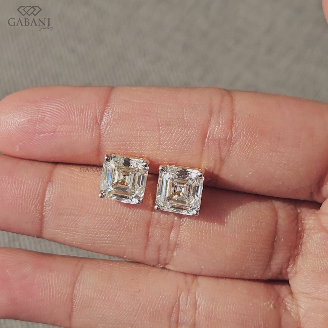 Square Asscher cut lab grown diamond studs crafted in yellow gold with secure screw back closure