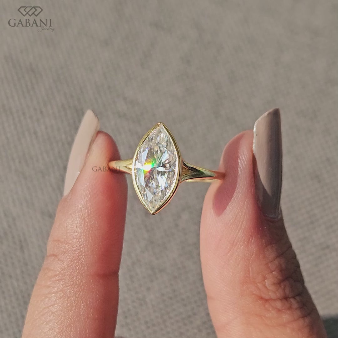 Marquise lab grown diamond solitaire ring with bezel setting and split shank in yellow gold