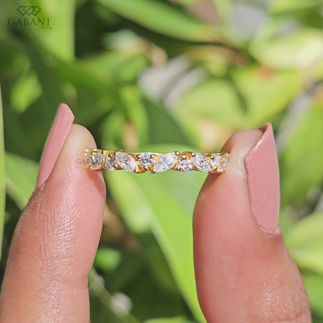 Marquise and round lab grown diamond half eternity wedding band in solid gold with a minimal handmade design