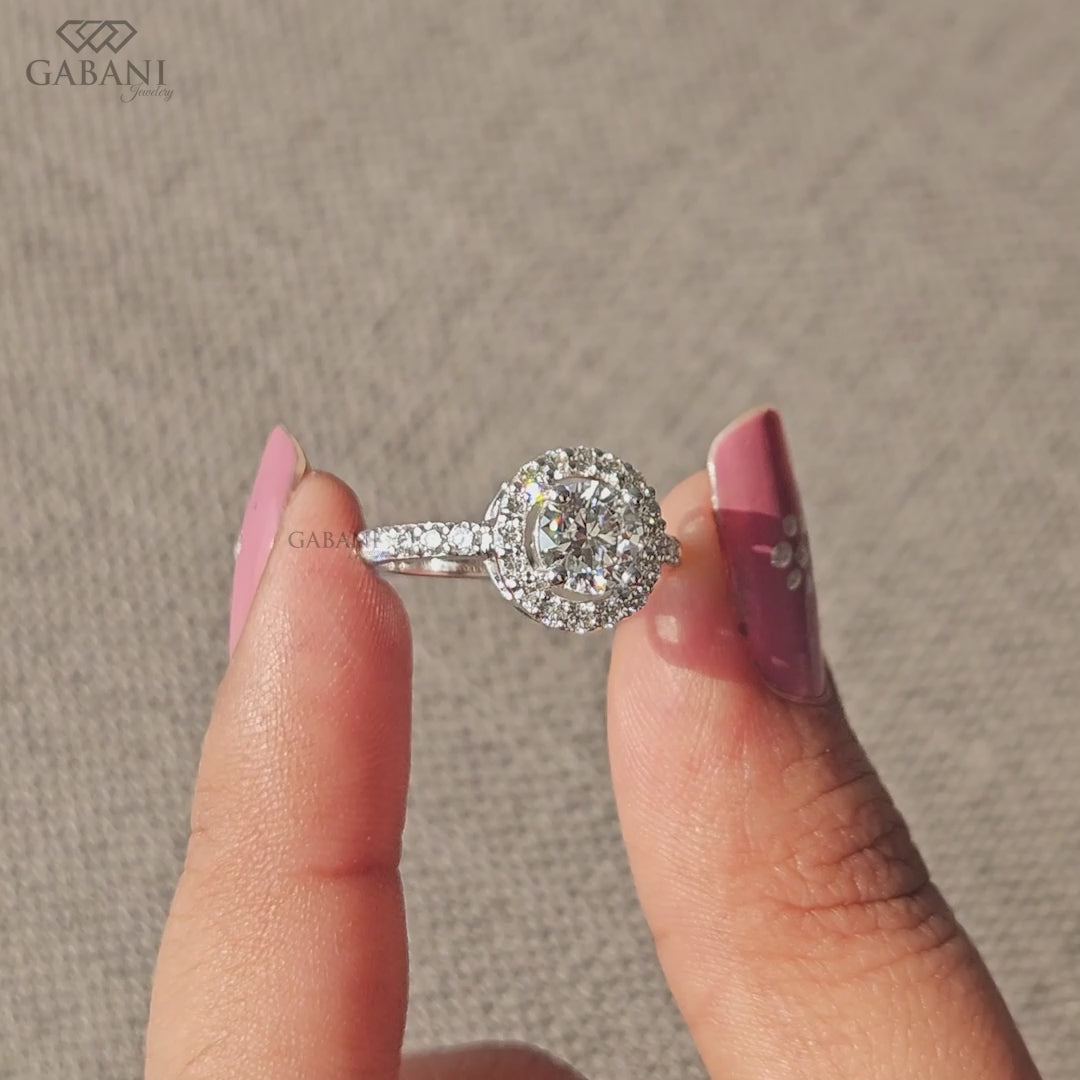 lab grown round diamond engagement ring with halo and smooth white gold band