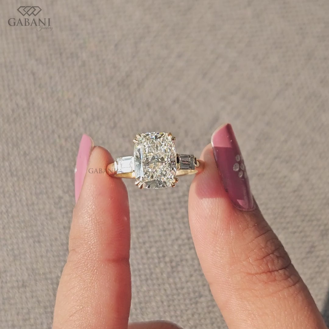 Front top view of 14K yellow gold three stone cushion cut lab grown diamond ring