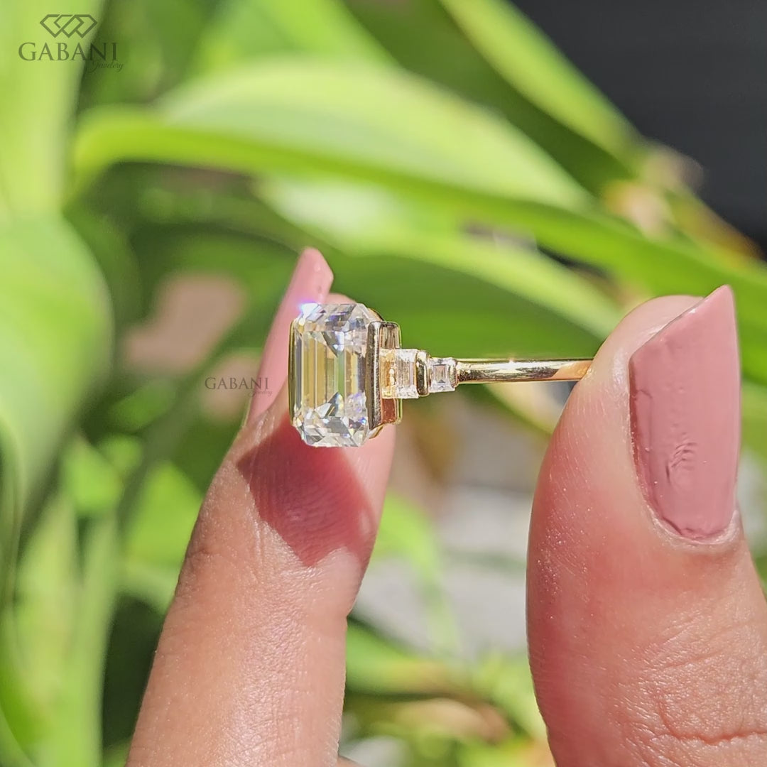 Emerald Cut Lab Grown Diamond Engagement Ring, Baguette Side Stone Solitaire Bridal Ring