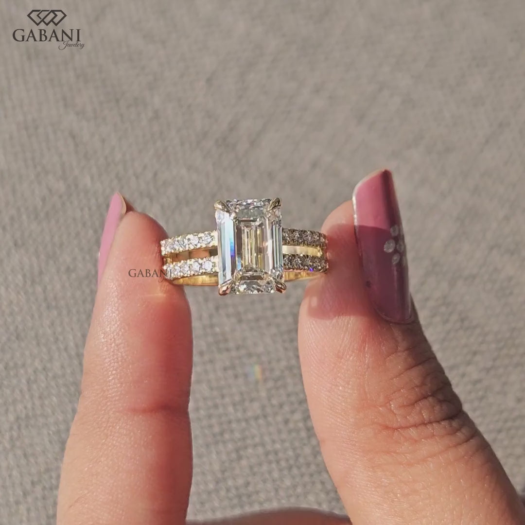 Emerald Cut Lab Diamond Double Row Pavé Ring