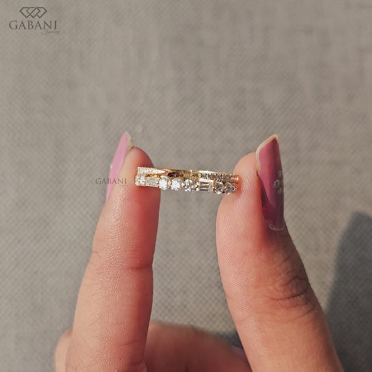 double row baguette and round cut lab grown diamond half eternity band in 14k yellow gold