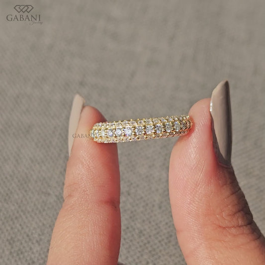 Bold three row diamond wedding band featuring lab grown diamonds in a micro pave setting with a thick, structured profile