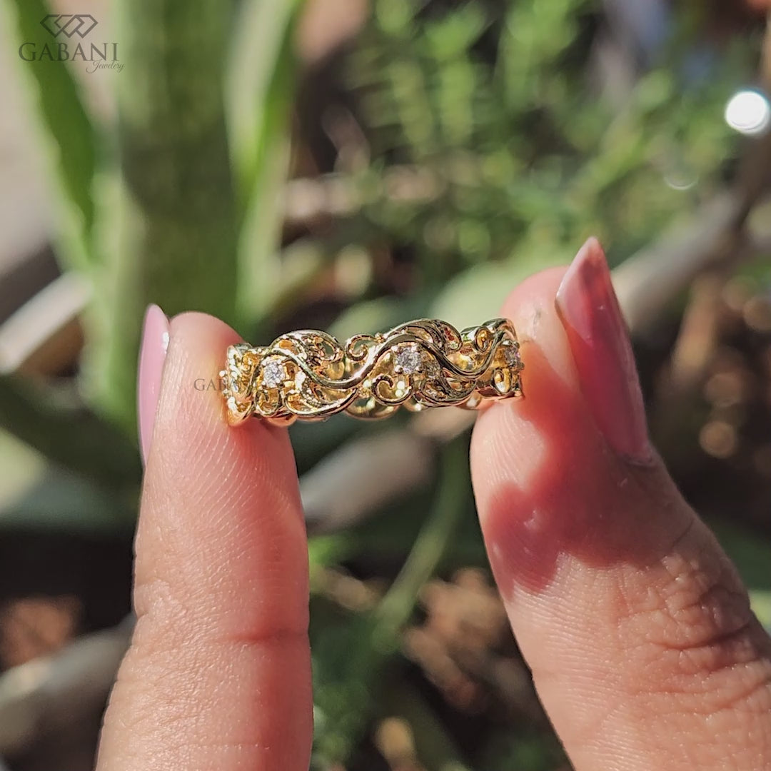 nature inspired leaf diamond eternity band in solid 14k yellow gold