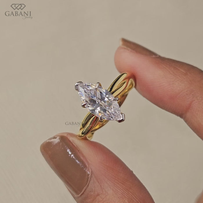 Marquise lab grown diamond ring with twisted shank solitaire design