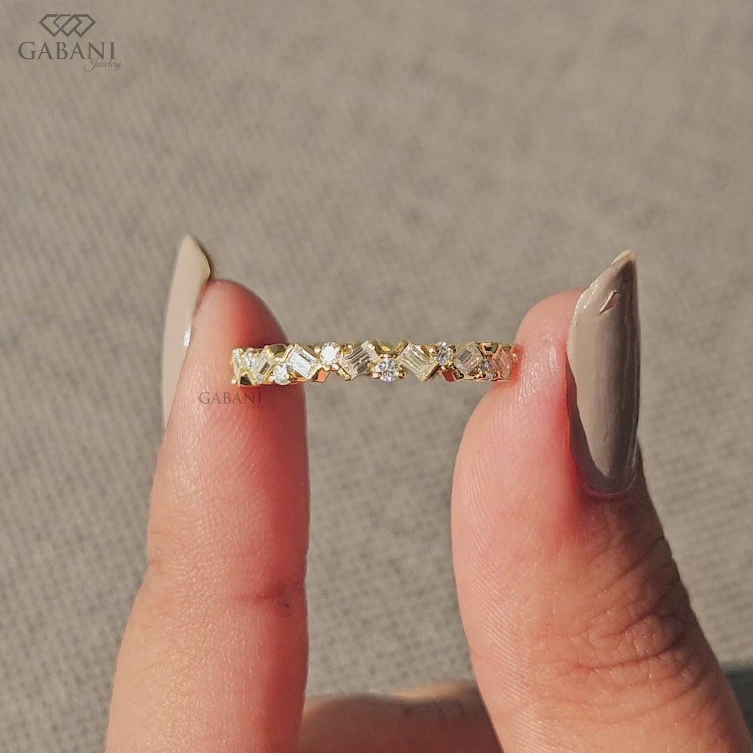 Zig zag lab grown diamond band with baguette and round stones