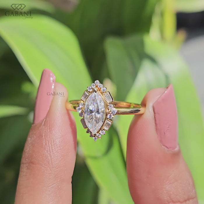Vintage marquise lab grown diamond ring with baguette and round accents