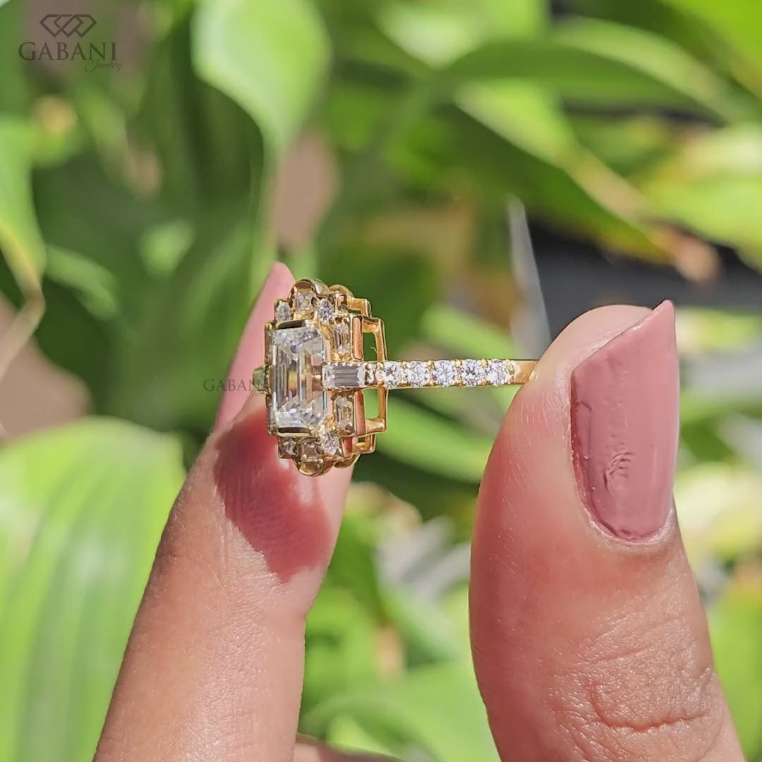 Emerald Cut Lab Grown Diamond Art Deco Engagement Ring, Baguette Side Stone