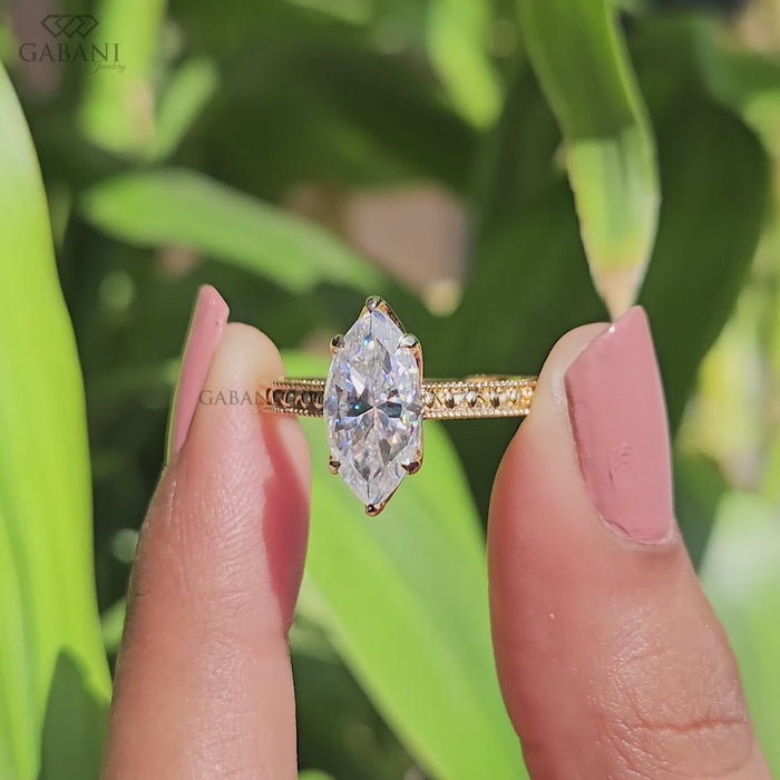 Vintage inspired marquise lab grown diamond engagement ring