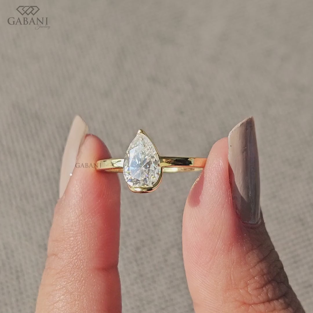 Pear Cut Lab Grown Diamond Half Bezel Solitaire Engagement Ring