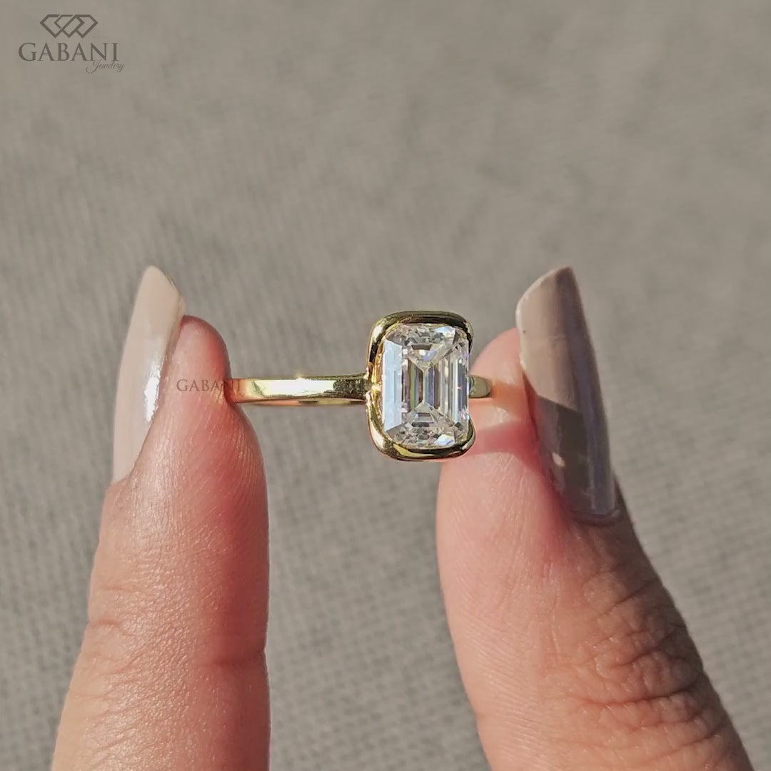 Emerald Cut Lab Grown Diamond Half Bezel Solitaire Engagement Ring