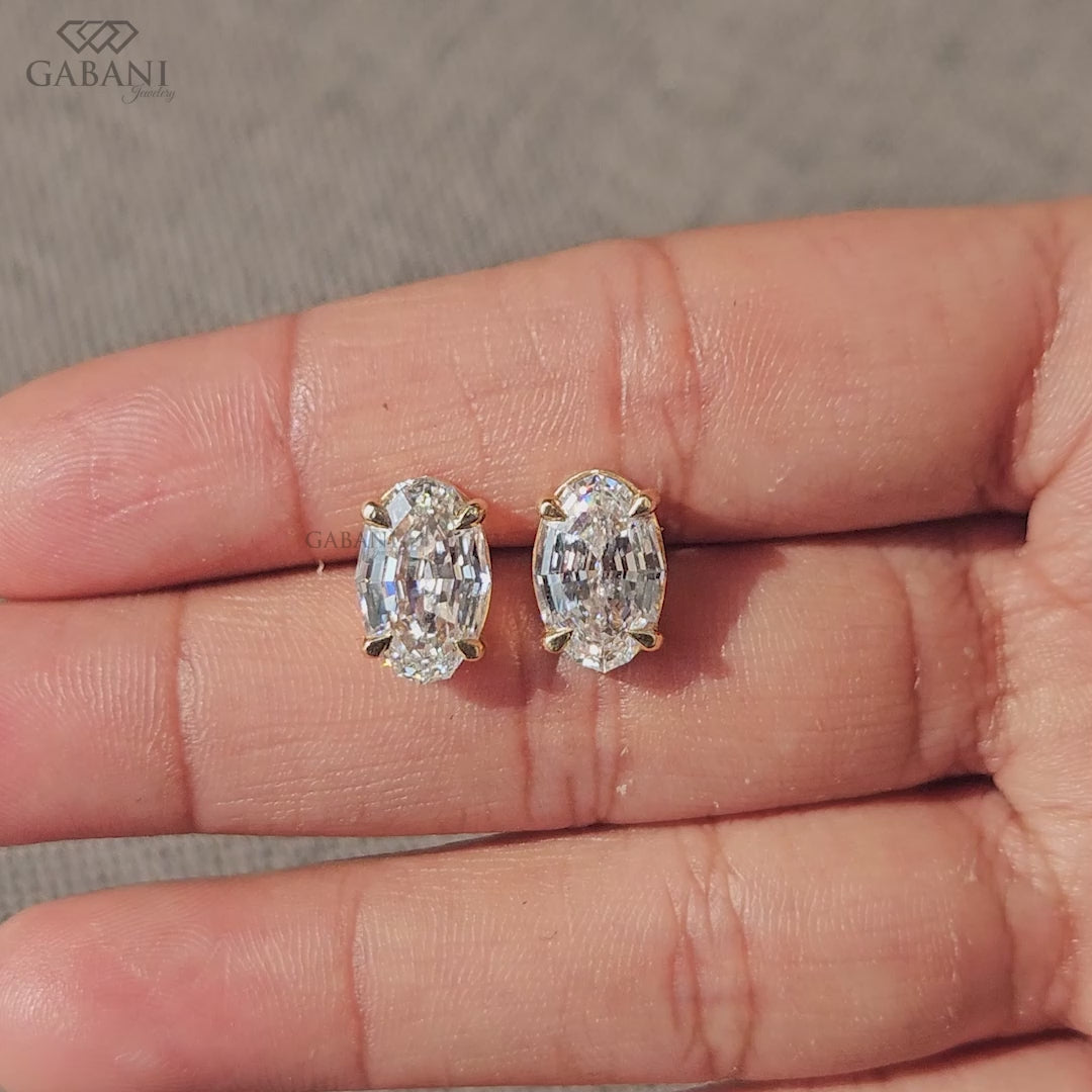 oval step cut lab created diamond studs with basket setting