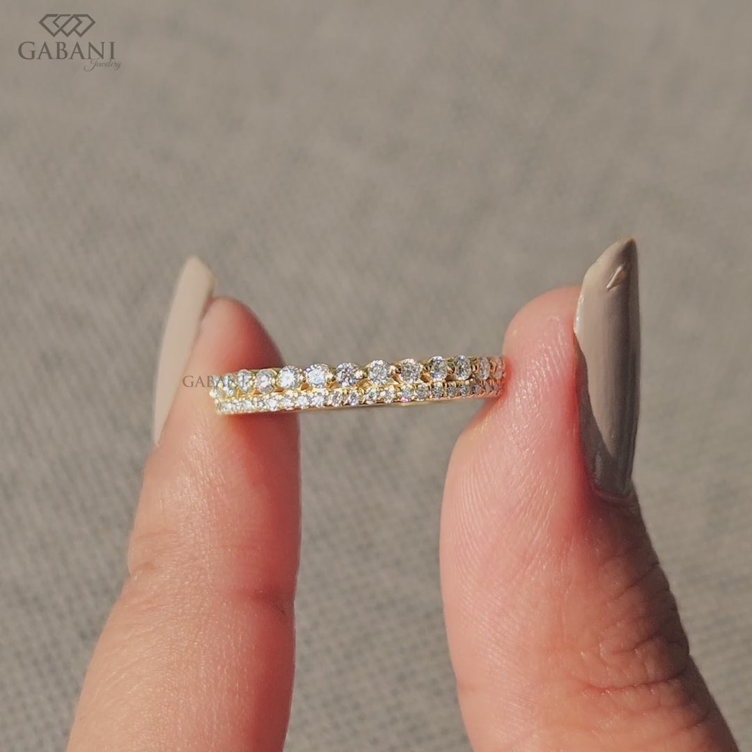 lab grown diamond wedding band featuring a slim double row design in yellow gold with clean pave and single prong setting