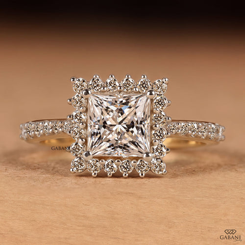 Princess cut lab grown diamond engagement ring in yellow gold featuring a round diamond halo and pave diamond band, designed as a bridal, proposal, anniversary, or engagement ring.