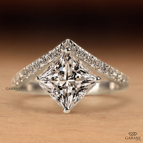 Princess cut lab grown diamond engagement ring in white gold with a kite set center stone and round pave diamond accents on a cathedral style band, designed for engagement, bridal, proposal, or anniversary wear.