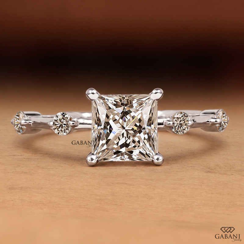 Princess Cut Lab Grown Diamond Side Stone Engagement Ring