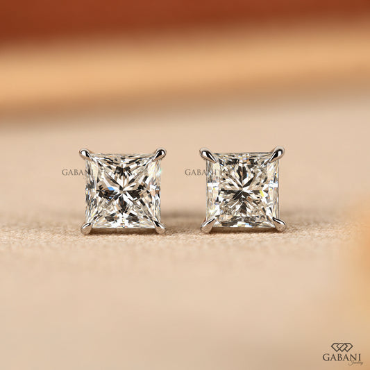 Princess cut lab grown diamond stud earrings in white gold
