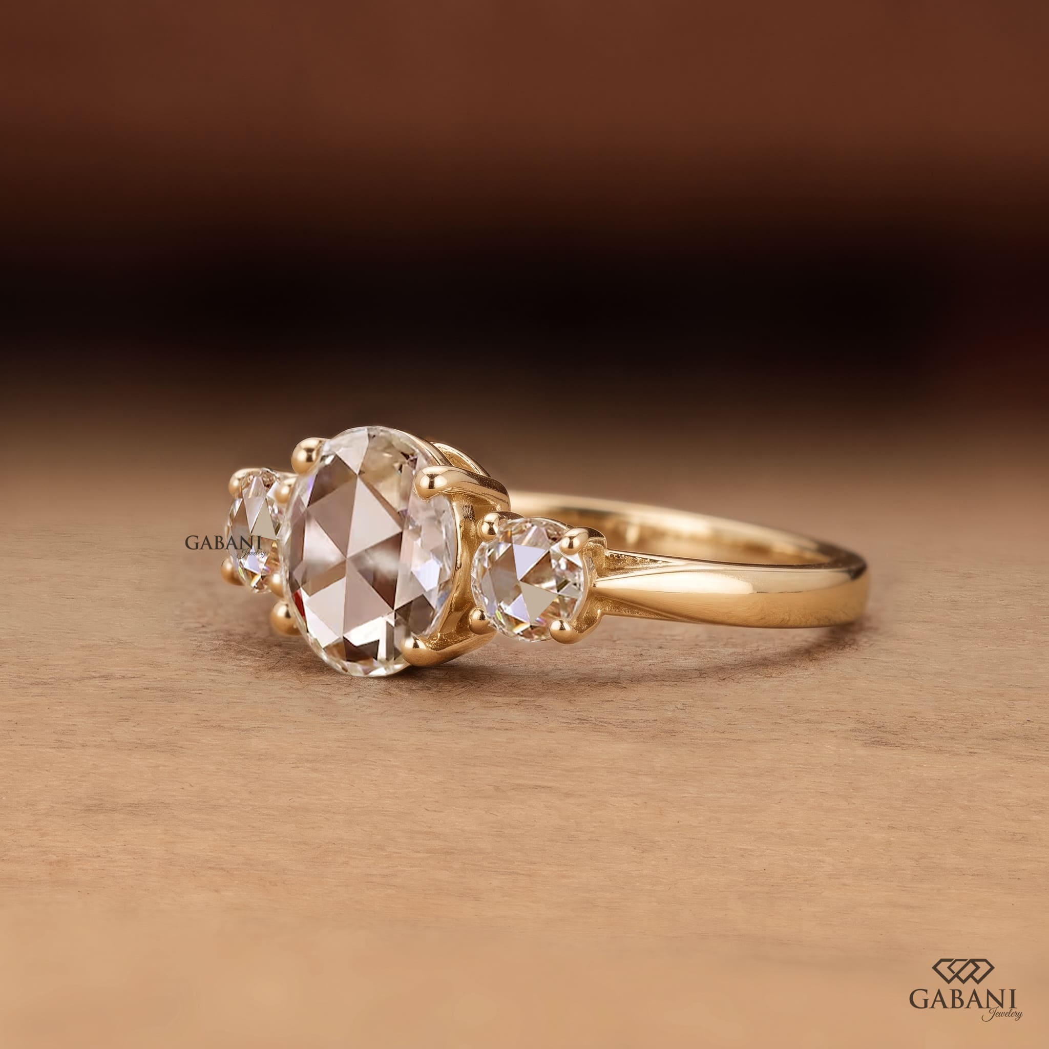 Round rose cut lab grown diamond three stone engagement ring with matching side diamonds, classic prong setting and vintage inspired design.