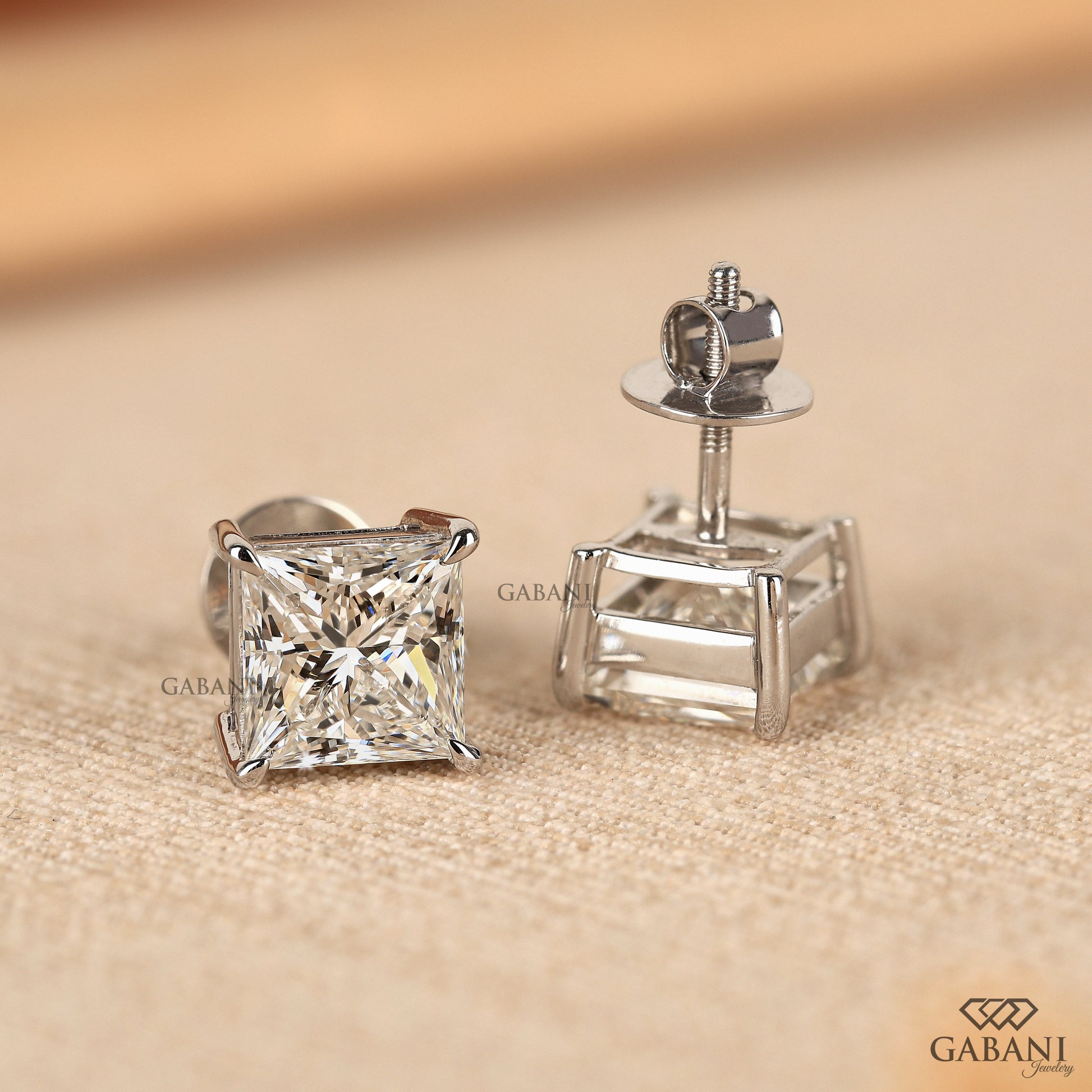 Princess cut lab diamond studs with screw back option by GABANI JEWELRY
