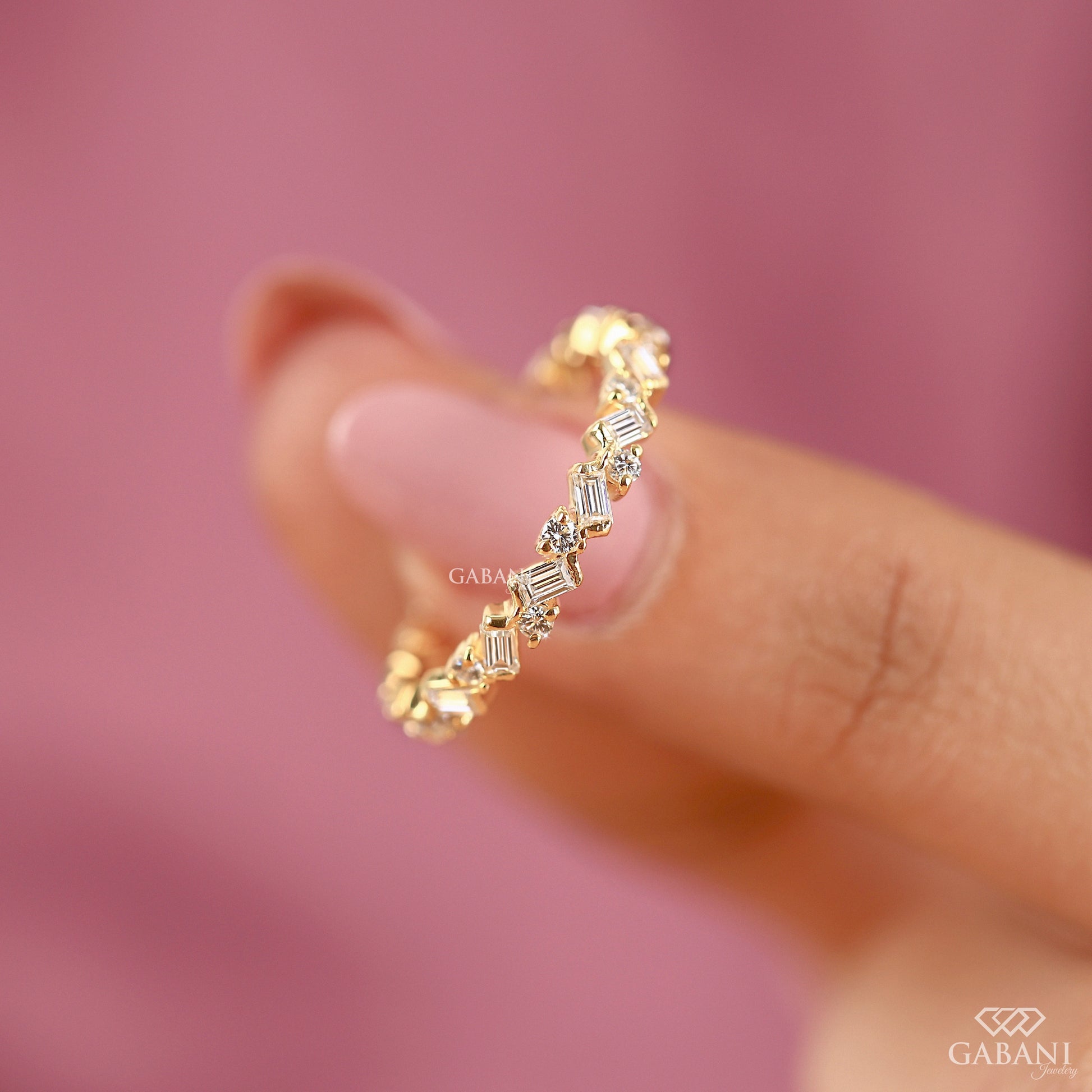 Gabani Jewelry baguette round diamond band for everyday wear