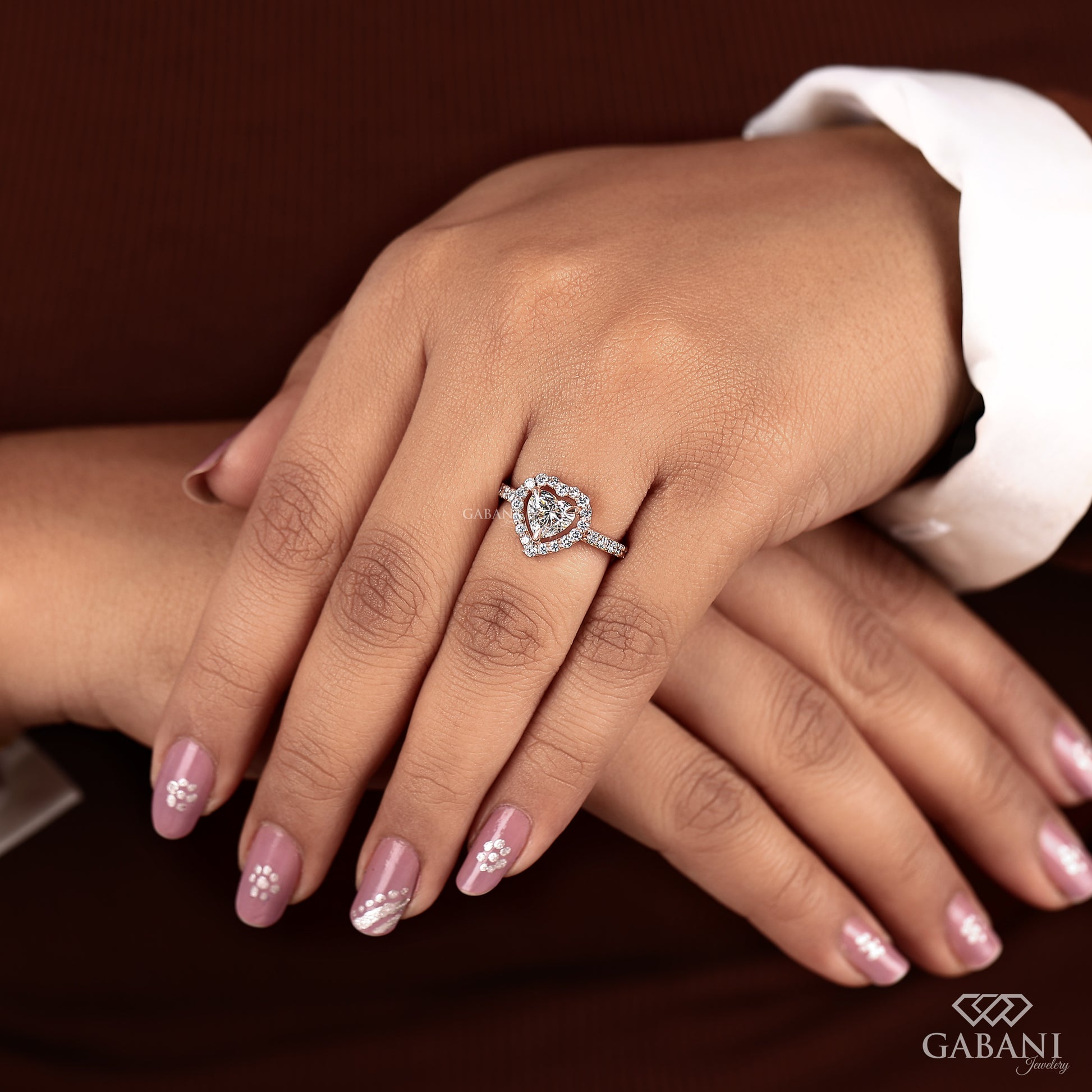 heart cut lab created diamond ring with halo and pavé setting