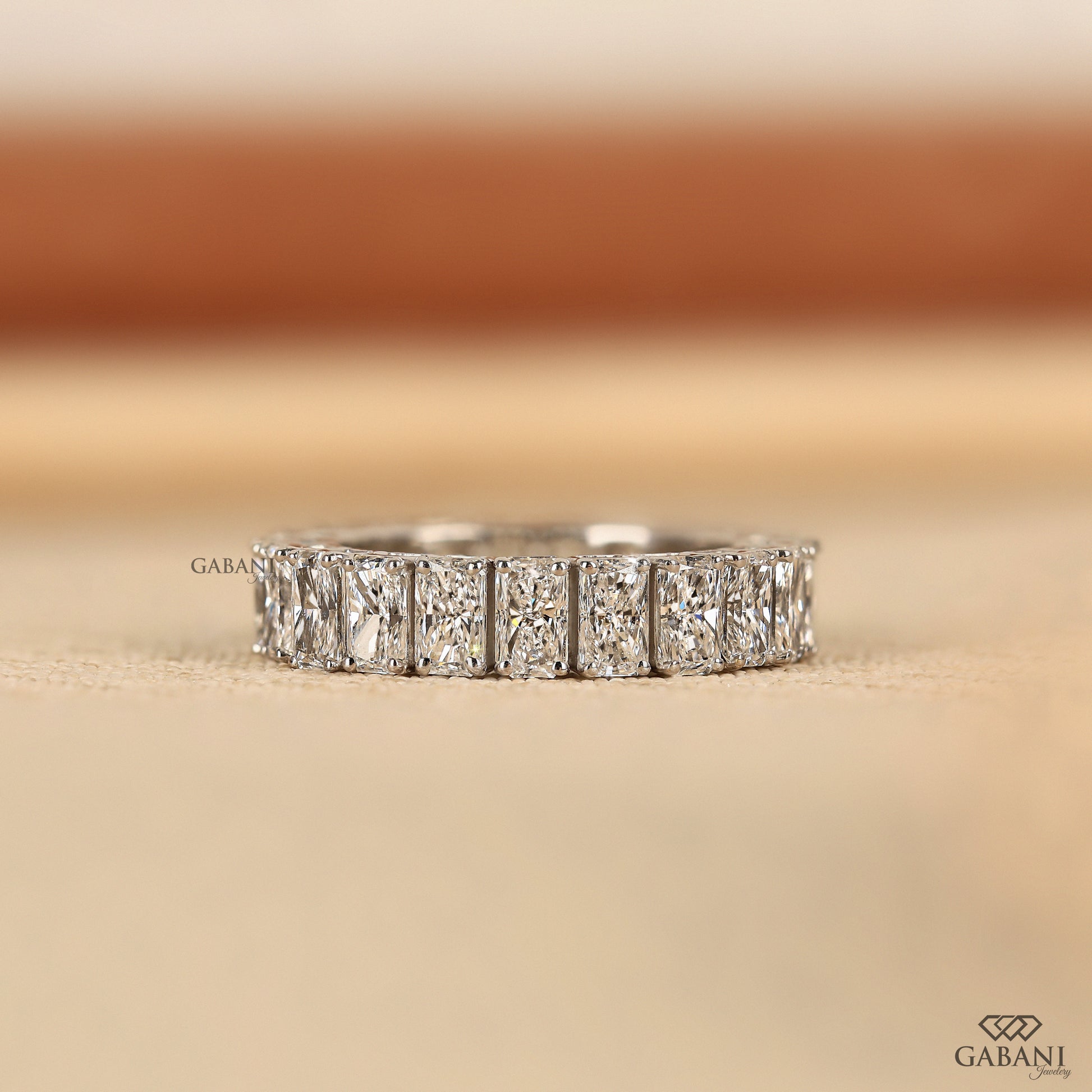 Radiant cut lab grown diamond full eternity wedding band in solid white gold with thick wide profile