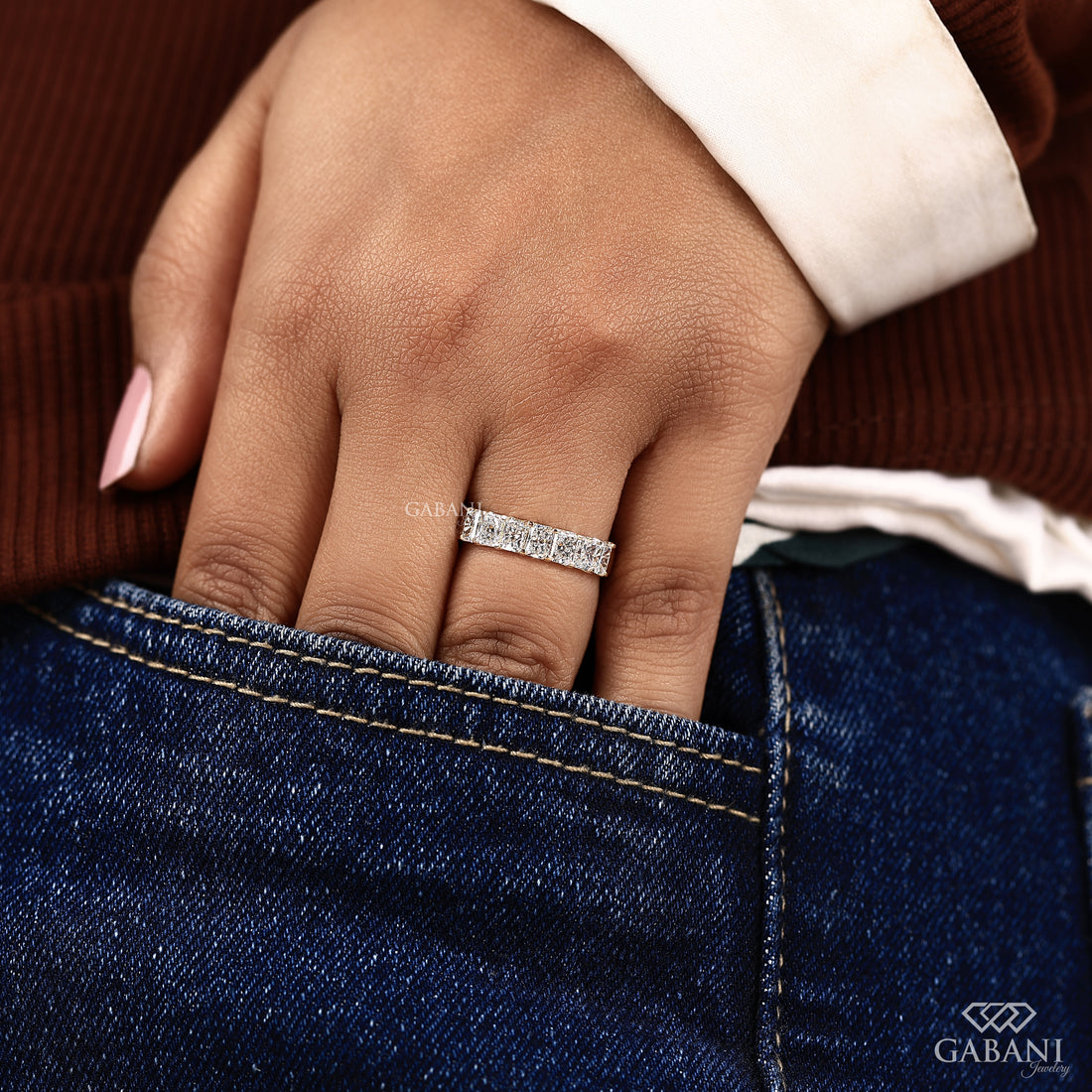 Radiant cut lab grown diamond anniversary band in yellow gold