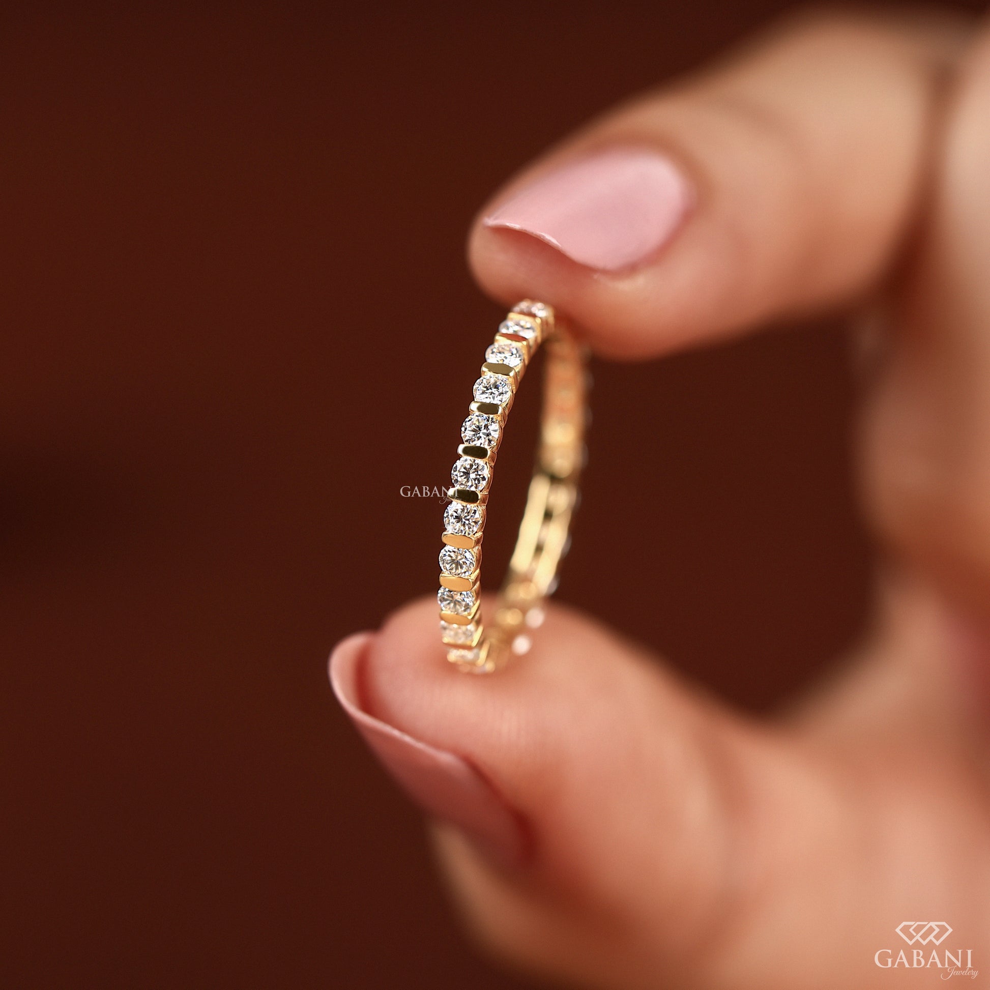 bar set round lab grown diamond band in solid gold gabani jewelry