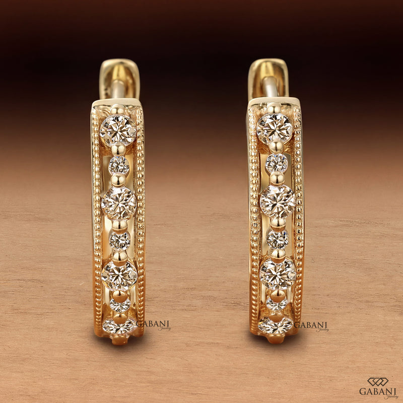Round Cut Diamond Milgrain Hoop Earrings, Yellow Gold Graduated Diamond Huggie Hoops