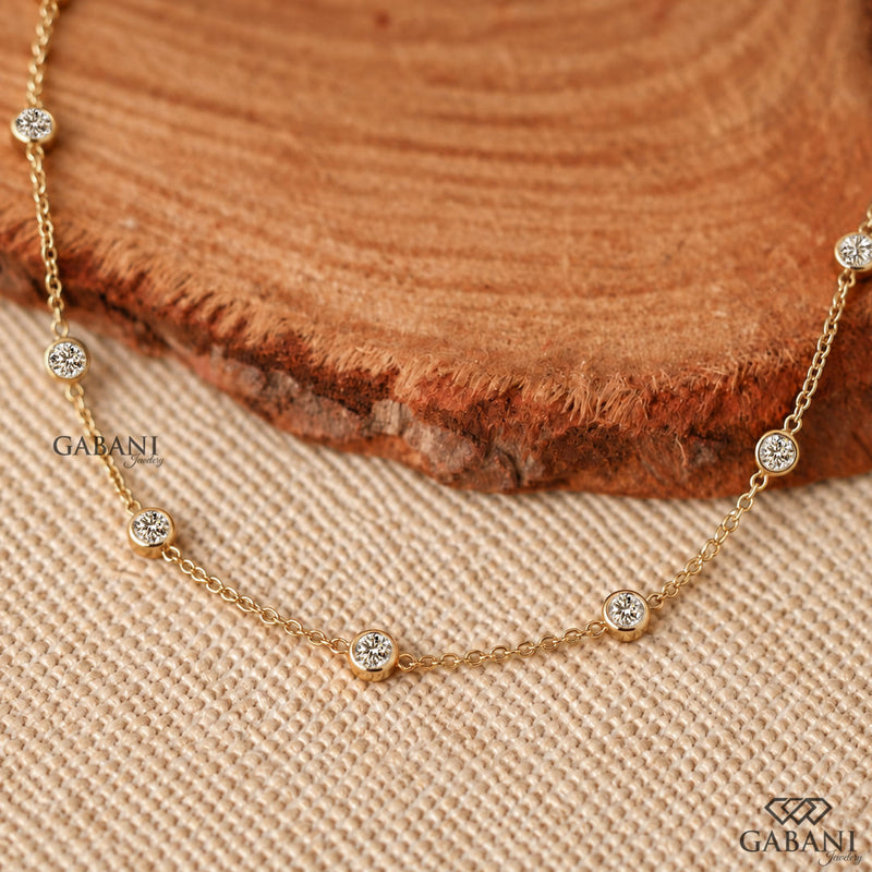 Round Cut Diamond Bezel Station Necklace with Delicate Gold Chain