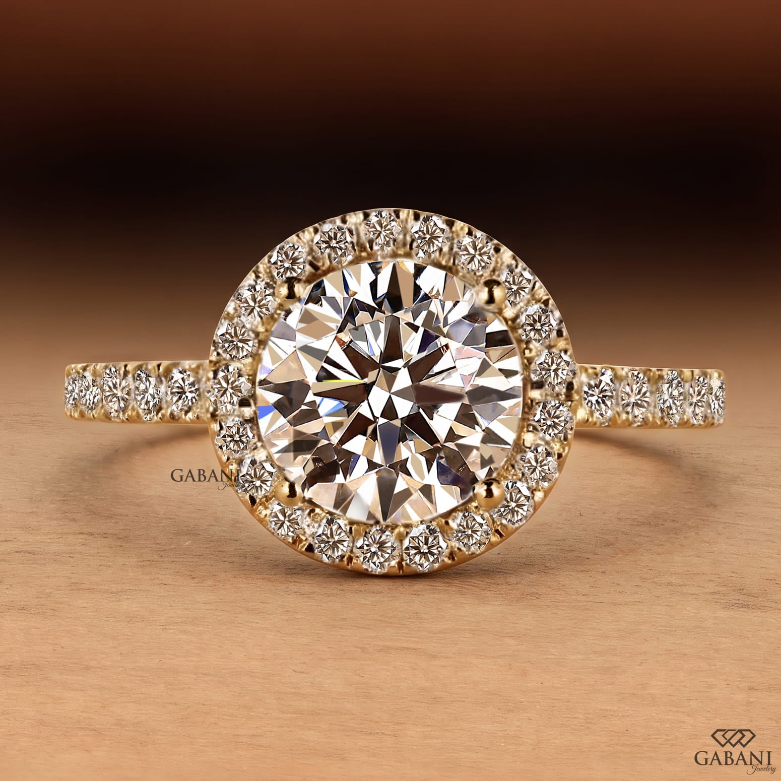 round brilliant cut lab grown diamond engagement ring with a sparkling diamond halo and yellow gold pavé band.