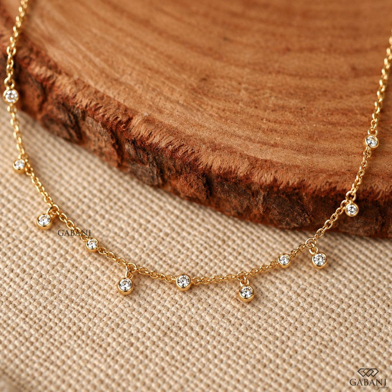 Round Cut Lab Grown Diamond Dangle Station Necklace, Bezel Set Diamond Chain for Women