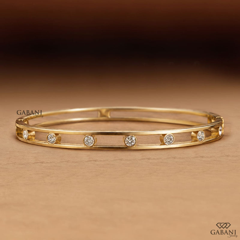 Round Lab Grown Diamond Bezel Set Bangle Bracelet in 18K Yellow Gold