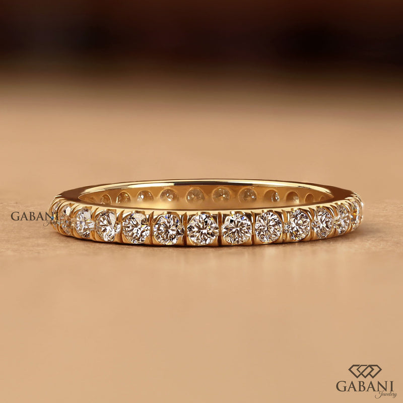 Round Cut Lab Grown Diamond Eternity Wedding Band in Yellow Gold