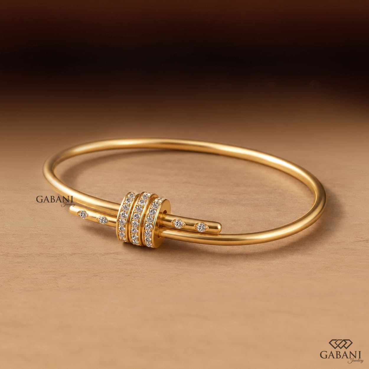 Round lab grown diamond open bangle bracelet in 14K yellow gold featuring three pavé diamond-set circles, delicate round diamond accents and a polished gold finish by Gabani Jewelry.