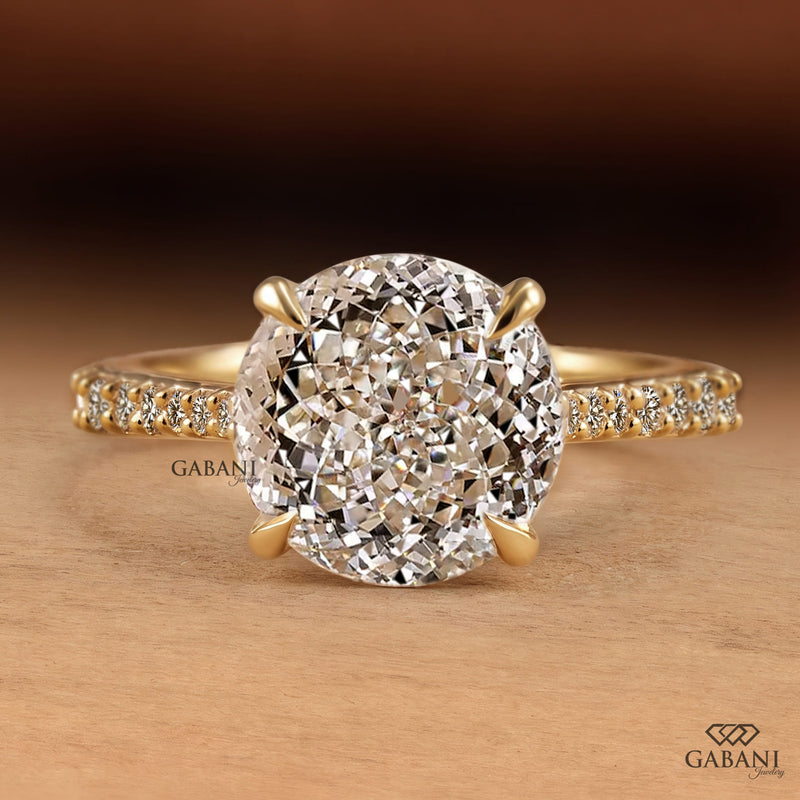 Round Portuguese Cut Solitaire Pave Engagement Ring in Yellow Gold
