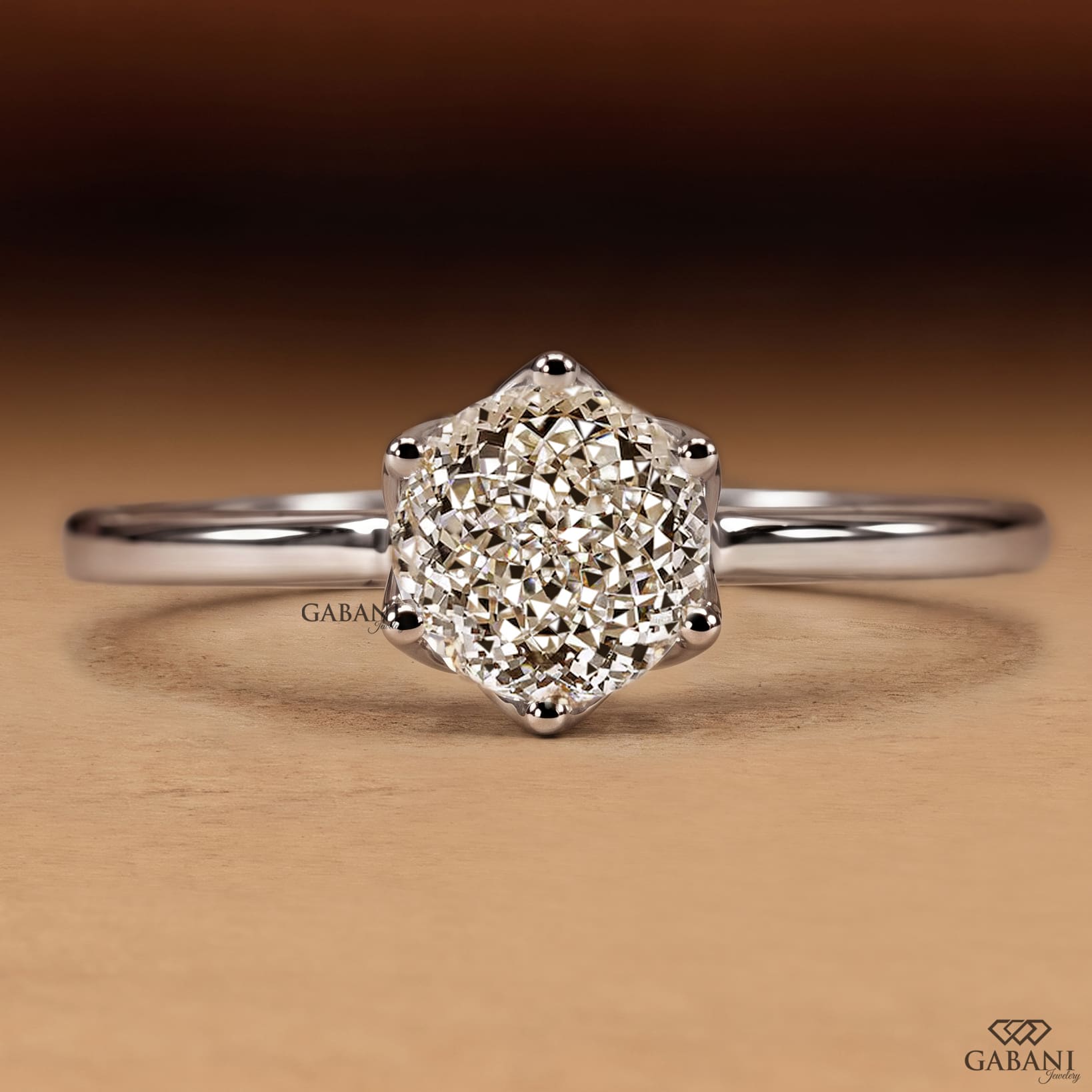 Round Portuguese cut lab grown diamond solitaire engagement ring in white gold with a six-prong floral basket and polished band.
