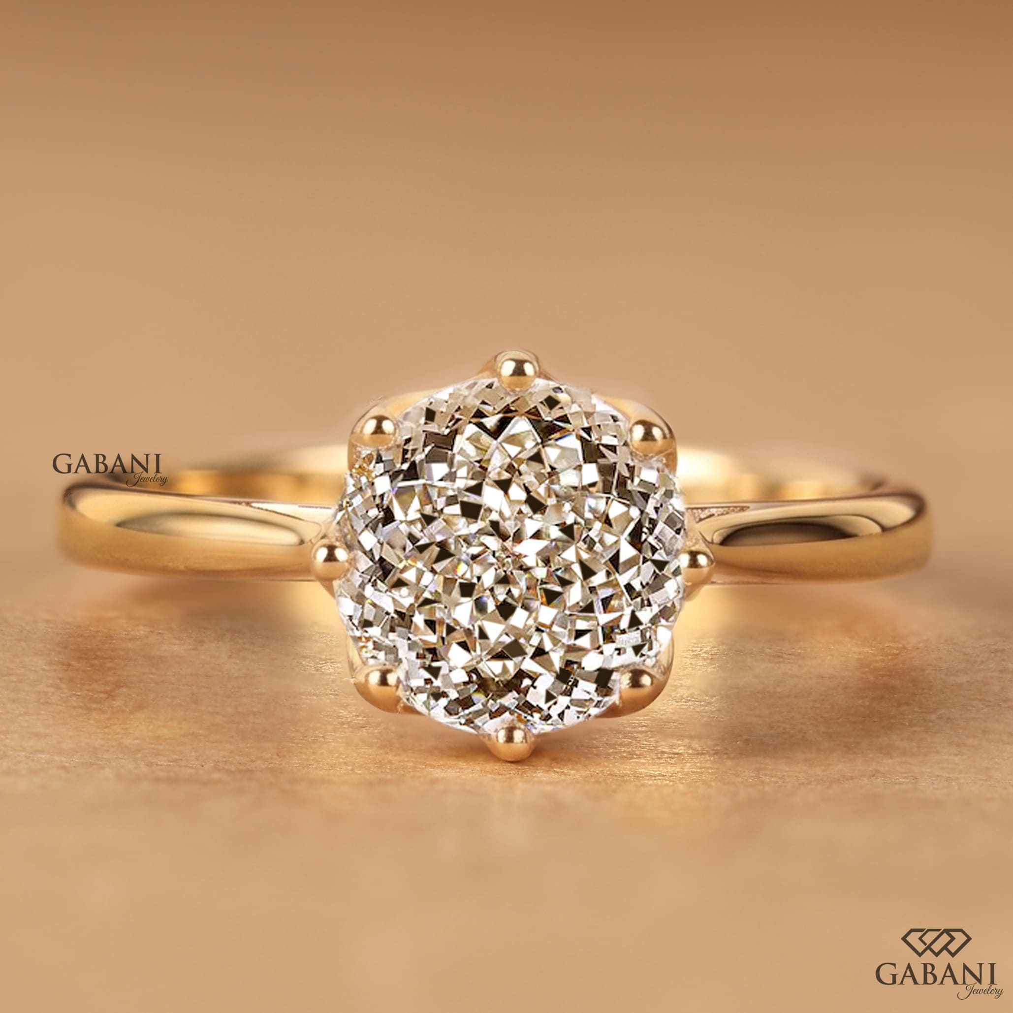 Round Portuguese cut lab grown diamond solitaire engagement ring in yellow gold with a six-prong floral basket and polished plain band.