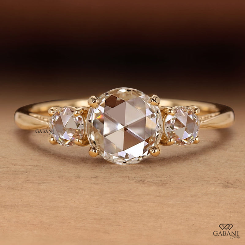 Round Rose Cut Lab Grown Diamond Three Stone Engagement Ring in 14K Gold