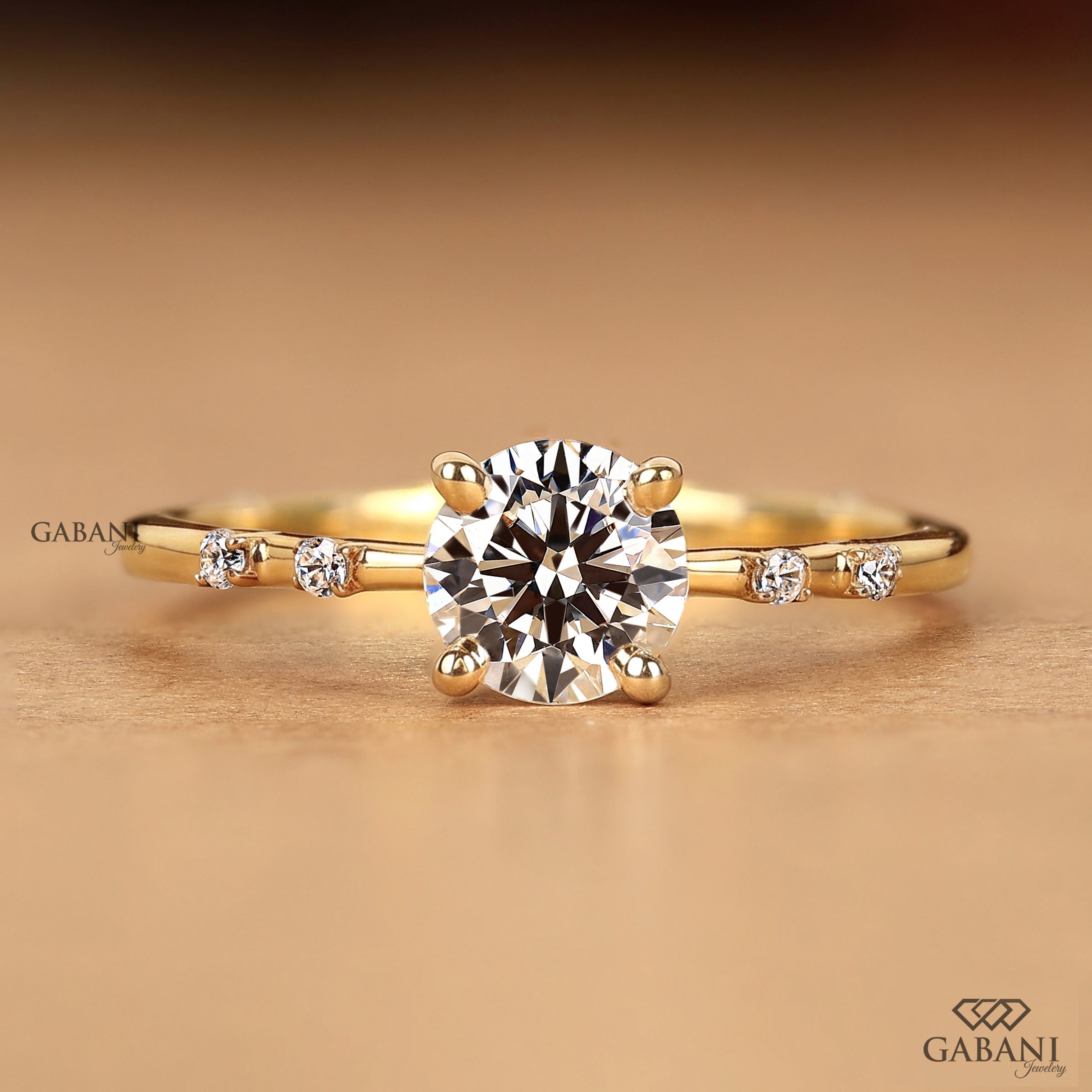 Round cut Diamond Engagement Ring, Five Stone Ring