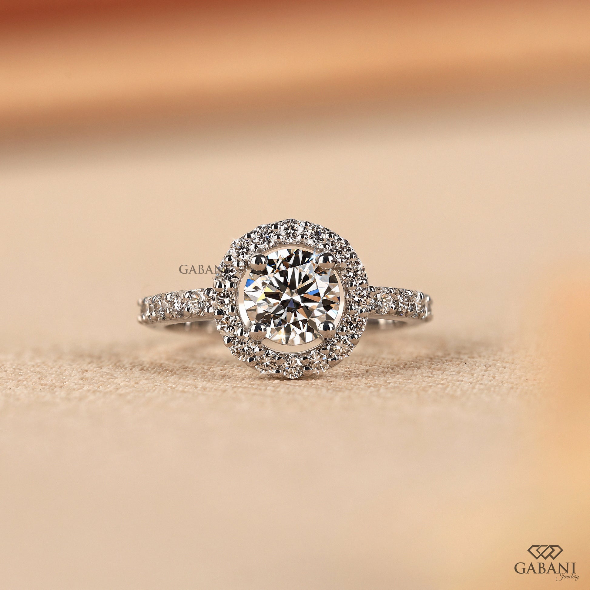 round cut lab grown diamond halo ring in white gold with pavé setting