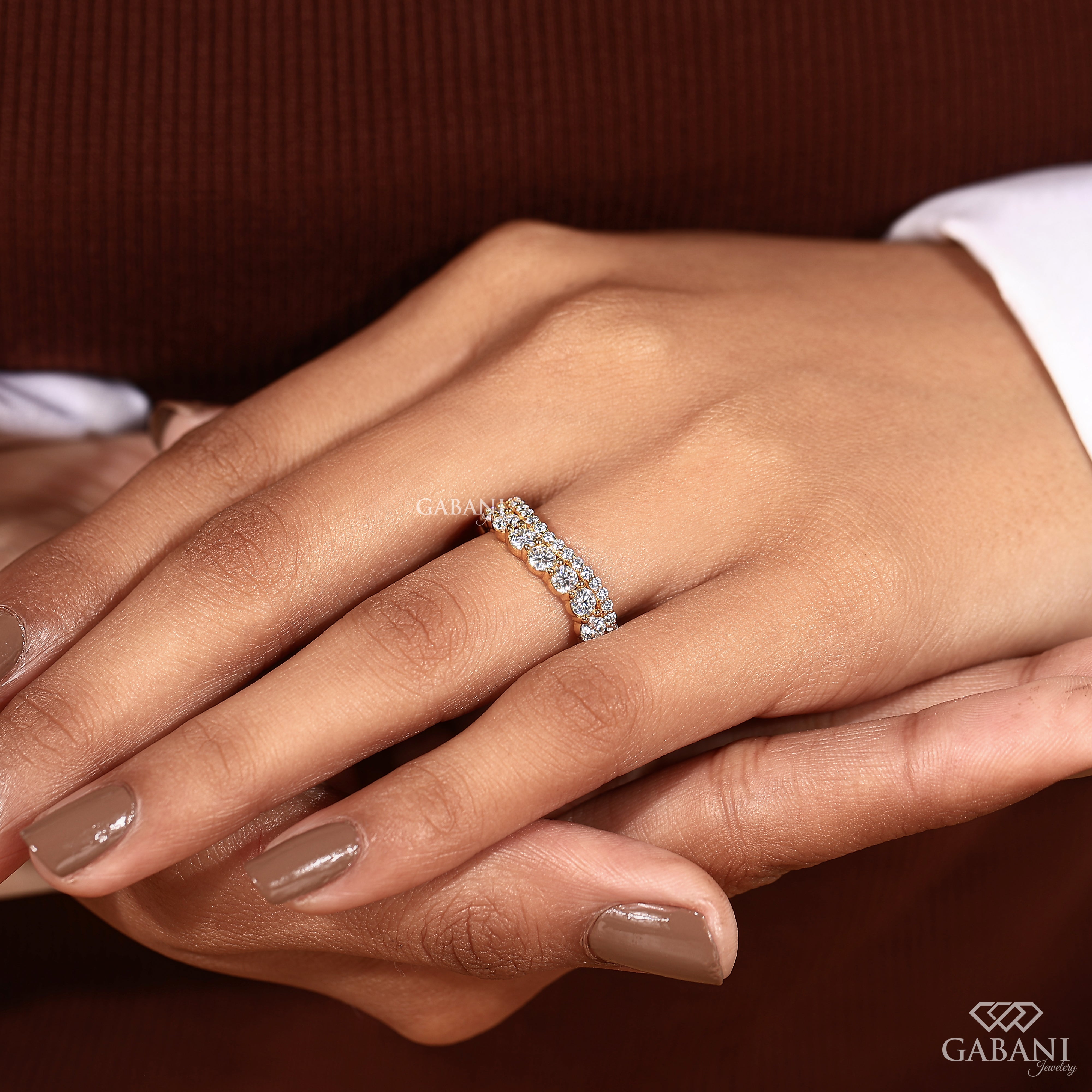 14K gold curved wedding band with lab grown diamonds