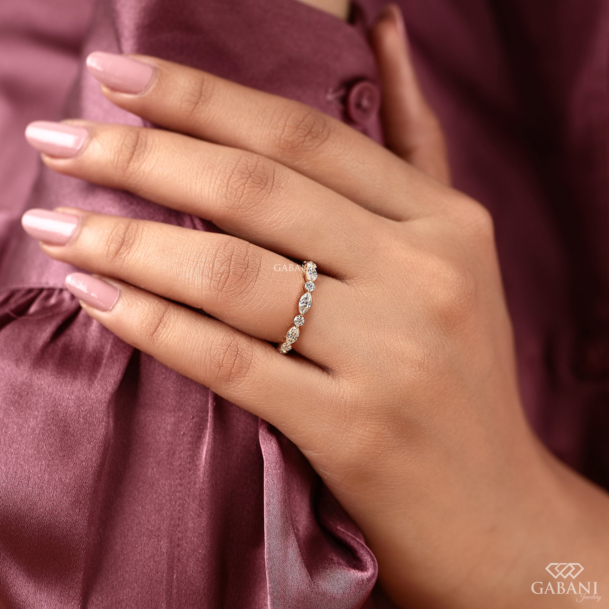 marquise round lab grown diamond wedding band in solid gold