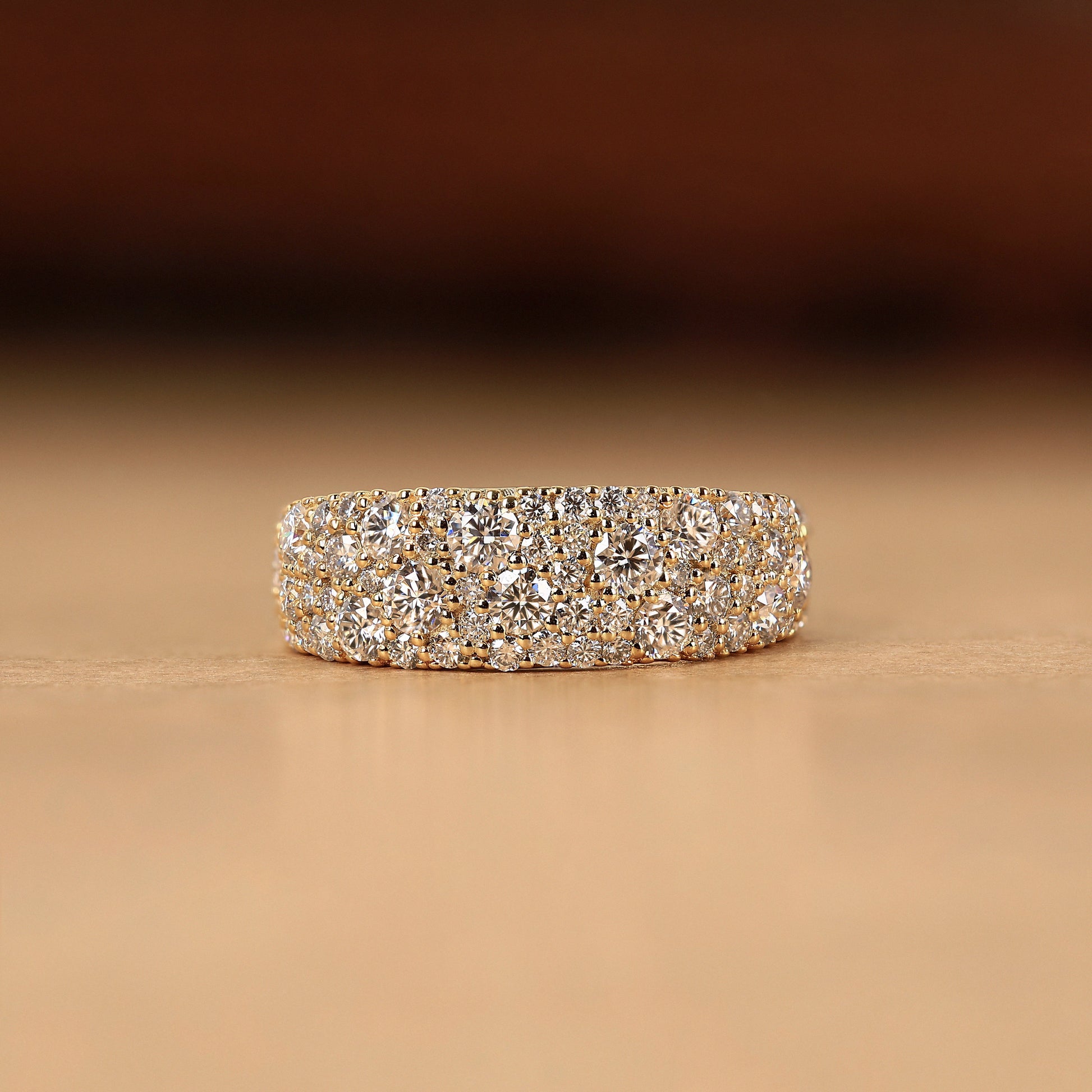 round lab grown diamond scattered pave band in solid yellow gold wide cigar style