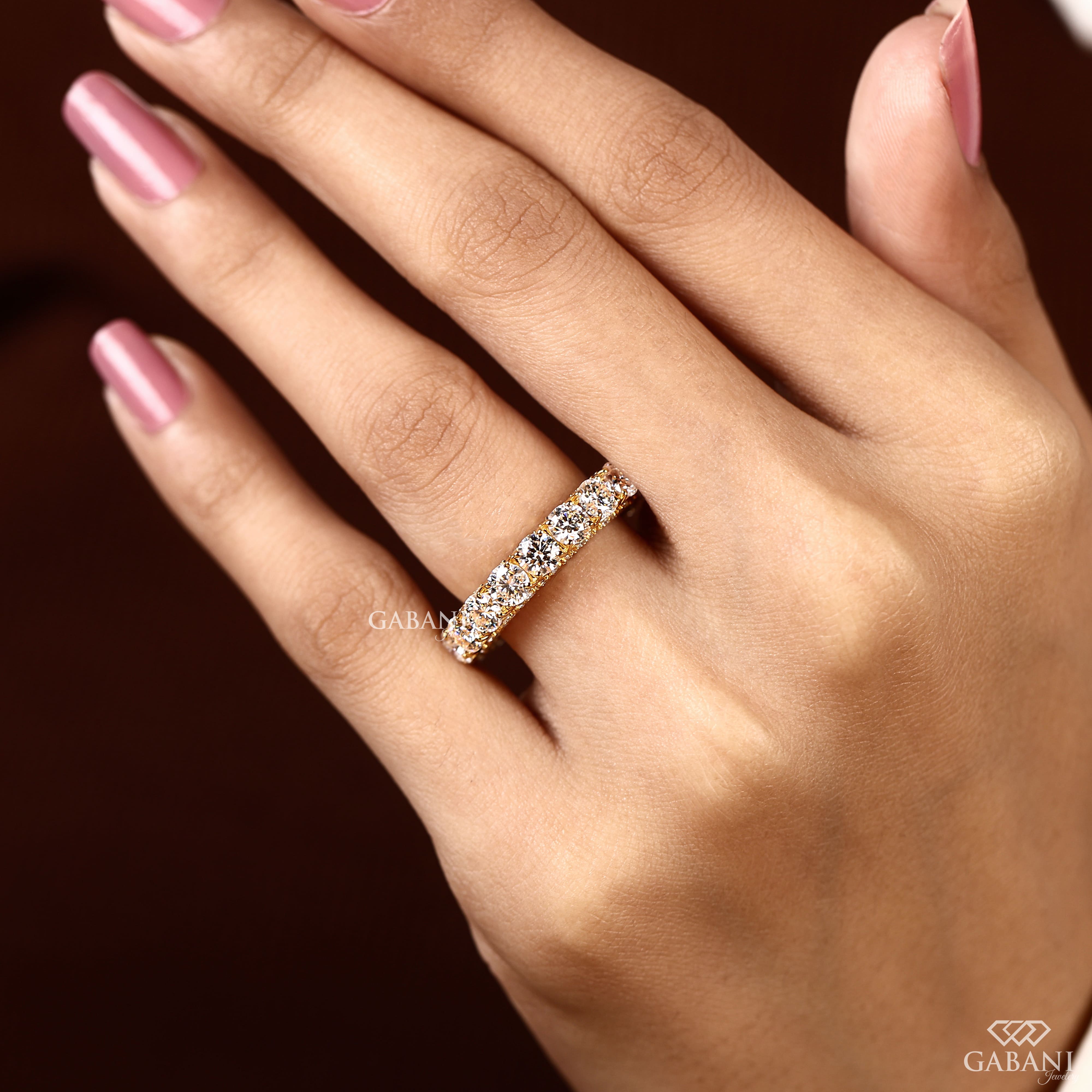 Round cut lab grown diamond full eternity band in yellow gold with continuous diamonds and side accent stones, designed for wedding, anniversary, bridal, and stackable wear.